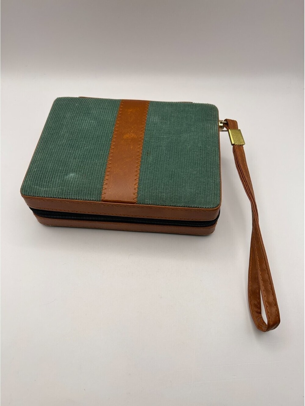 Vintage Green Corduroy Zip Bridge Playing Card Case Double Deck Travel Holder